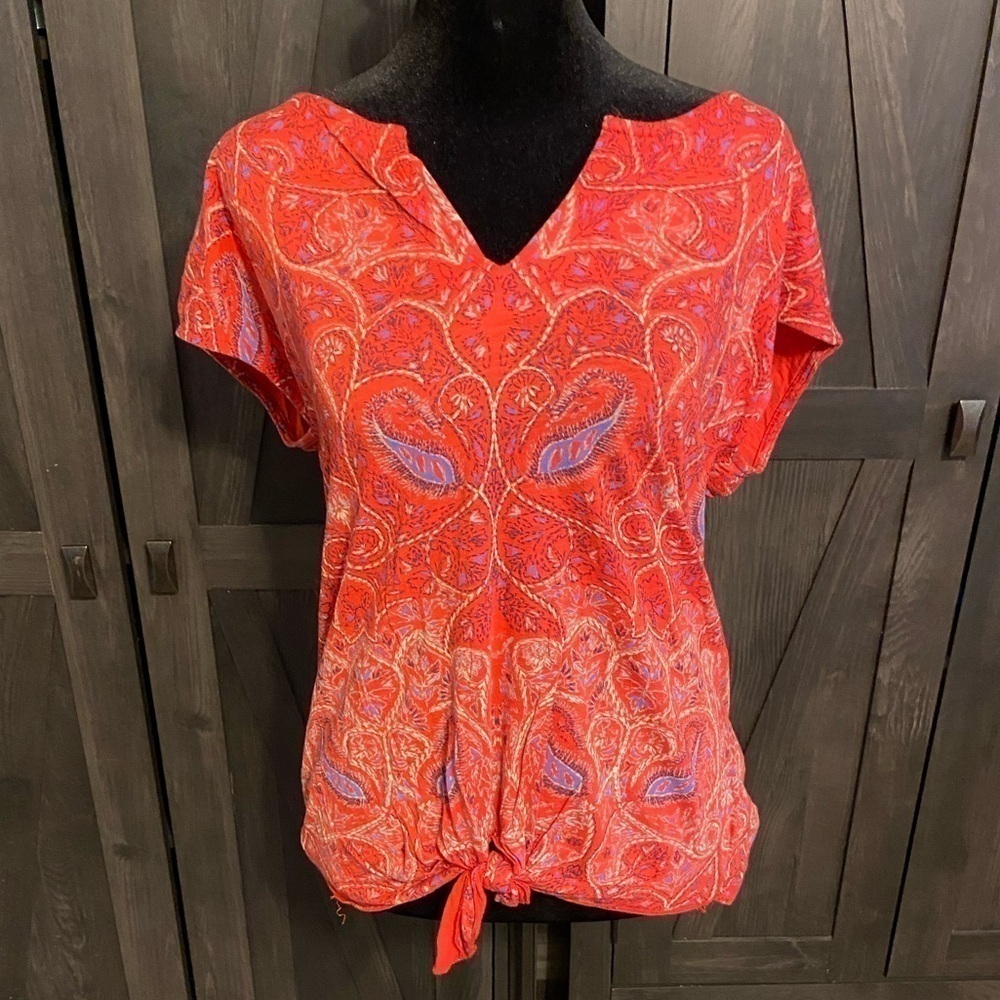 Lucky Brand Size SP Paisley Boho Short Sleeve Split Back Casual Shirt Top